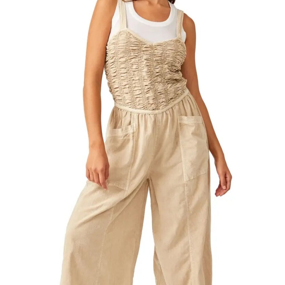 Free People Forever Always Cotton Wide Leg Jumpsuit in Beached Sand